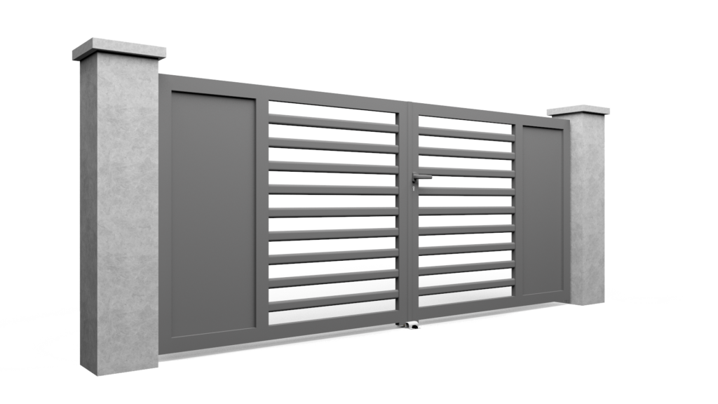 Portail plein avec différentes dispositions de découpes et barreaux