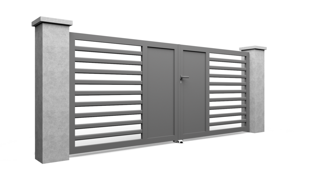 Portail plein avec différentes dispositions de découpes et barreaux